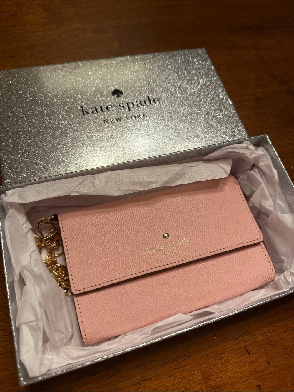 kate spade Pink Leather Cardholder Wristlet with Gold Chain (NWT)